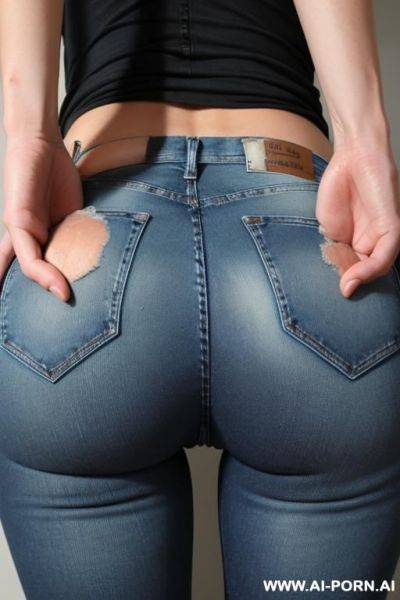 Tight blue jeans, looking behind, sucking cock, camera angle behind, teared jeans, fingering pussy - ai-porn.ai on pornintellect.com