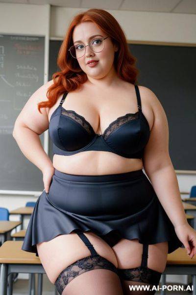 Half body photo shot, about at classroom, chubby ((very obese)) redhead fat bbw curvy teacher, wearing a sexy and hot micro ruffle skirt, and stocking lingeries, teaching to the classroom. ((dynamic angle)) - ai-porn.ai on pornintellect.com