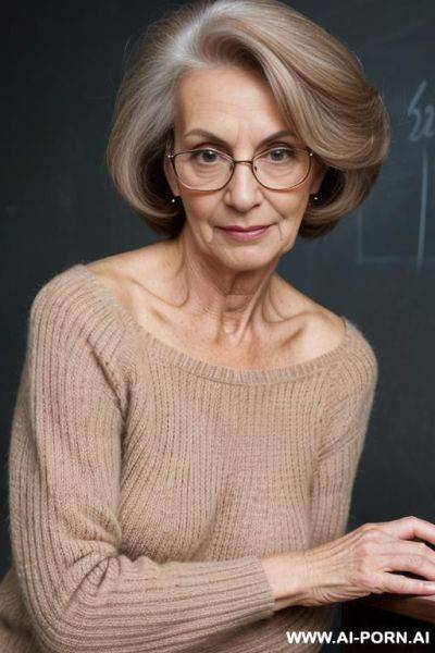 Granny mature woman wearing beige sweater, hairy pussy, (hairy armpits) - ai-porn.ai on pornintellect.com