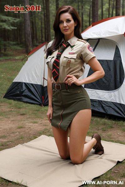 (suburban mom) (scout costume) (camping) (kneeling on the ground) - ai-porn.ai on pornintellect.com