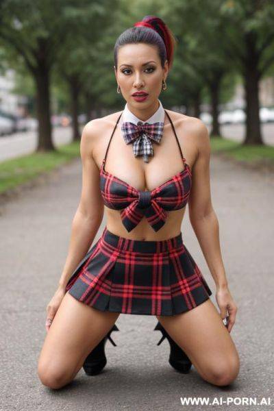 (plaid) (kneeling on the ground) (outdoors) (bow tie) - ai-porn.ai on pornintellect.com