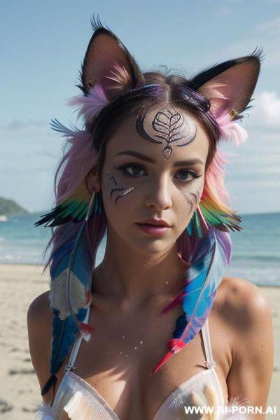 Face, sexy, beautiful, ((face painting)), ((bikini as seashell)), ((tattoo roses)), ((eyes shw)), ((angel wings)), ((rainbow hair)), ((long bu hair)), ((wind)), (( cat face)), (( cat ears)), (((feather - ai-porn.ai on pornintellect.com