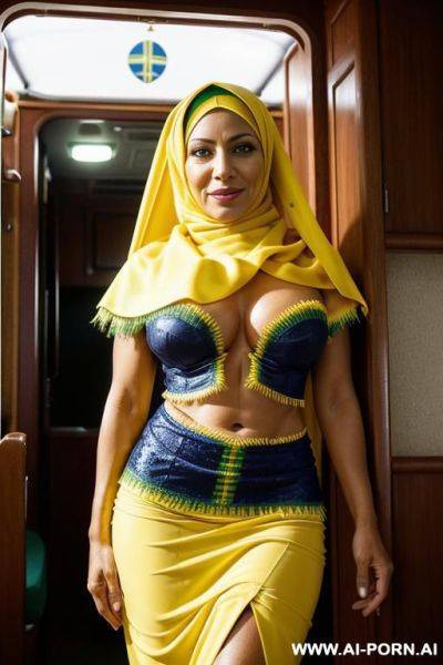 A sexy milf naked, short kinky hair with shaved sides, naked, show tits, show hairy pussy, image frame from head to knee, in motorhome, open mouth, (( yellow hijab )), gorgeous lips, - ai-porn.ai on pornintellect.com