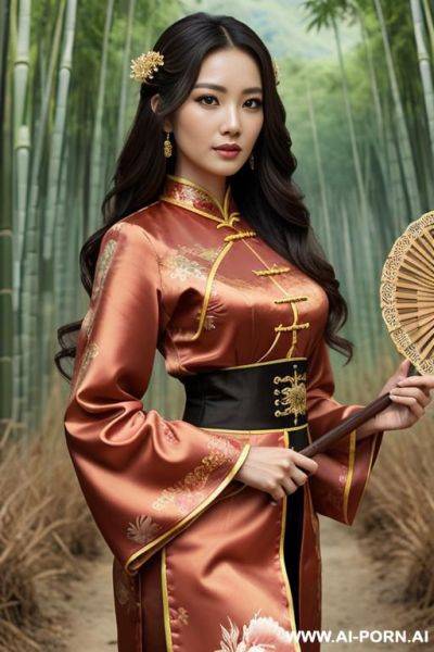 Best quality, masterpiece, super details, fine fabrics, high detailed eyes and detailed face, extremely fine and detailed, perfect details, 1 woman, solo, full body, long wavy hair, looking straight - ai-porn.ai - China on pornintellect.com