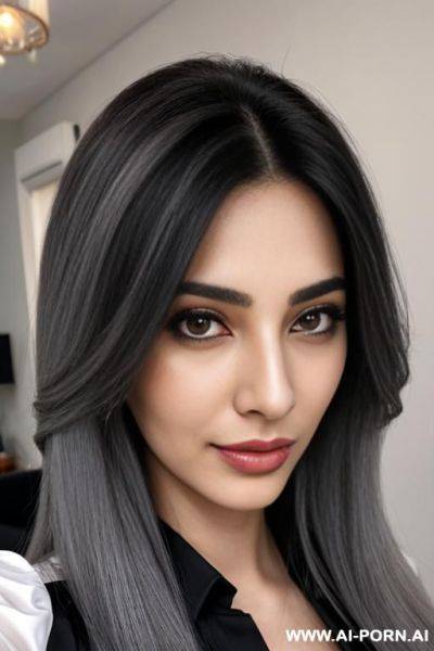 Woman long hair gray blouse selfie - ai-porn.ai on pornintellect.com