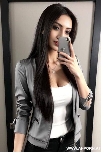 Slim woman long hair gray blouse selfie - ai-porn.ai on pornintellect.com