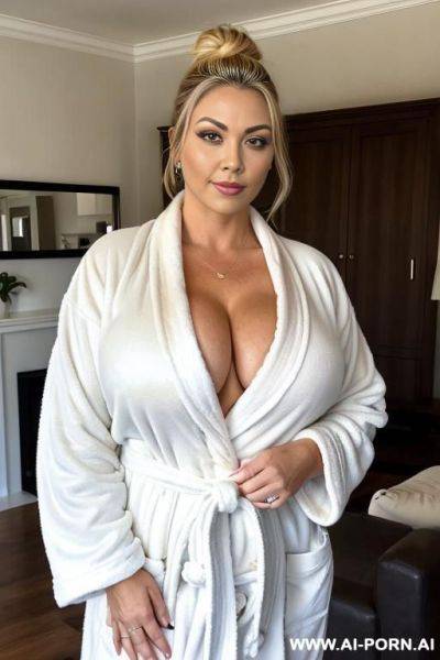 Rich mom, gigantic round tits, perfect voluptuous body, teapered waist, wide hips, big doe eyes, bitch bimbo, wearing bathrobe, standing in rich living room, early morning, ((keep face)), ((keep body)), - ai-porn.ai on pornintellect.com