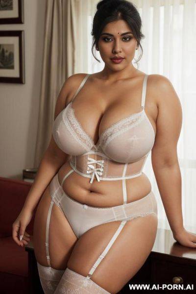Rich mature mom, gigantic round tits, perfect voluptuous body, teapered waist, wide hips, big doe eyes, bitch bimbo, wearing white thong, topless, standing in rich living room, early morning, ((keep face)), ((keep body)), - ai-porn.ai on pornintellect.com