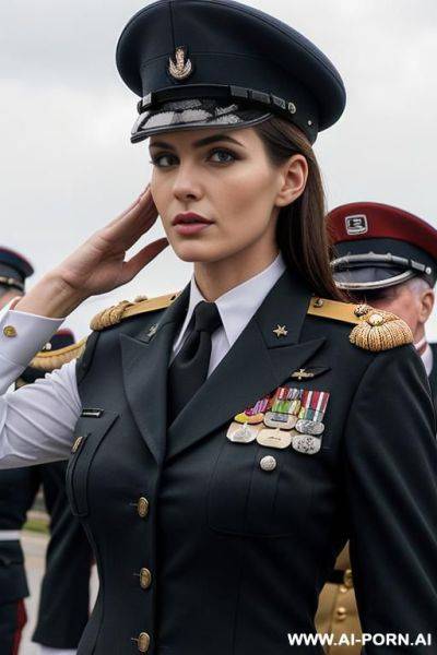 Military parade, military dress uniform, military necklace, military salute, surrounded by old men - ai-porn.ai on pornintellect.com