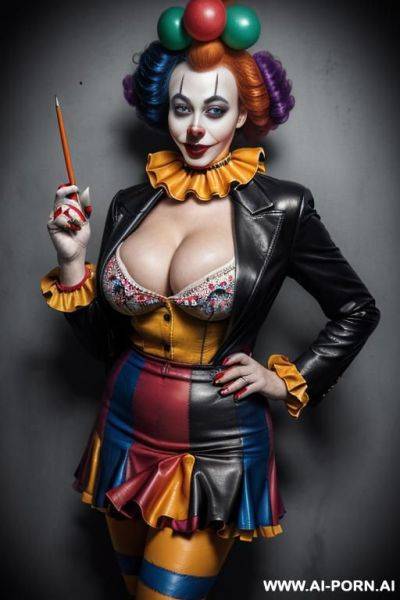 No tattoos. heavy makeup. draw boobs bigger.fased business jacket, huge, colossal cleavage, draw boobs even bigger. dark lipstick. draw boobs bigger so jacket gapes more. no, no bare boobs. keep - ai-porn.ai on pornintellect.com