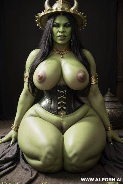 Seductive orc queen, full green skin, full green painted skin, big green ass, full body view, fully naked, ((huge massive rounded milky breasts)), ((massive hips)), ((tight orc gold and black - ai-porn.ai on pornintellect.com