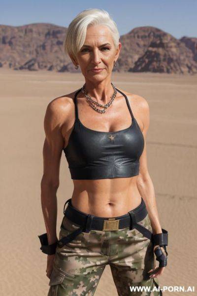 Mature tanned woman, age marks on skin, gilf, pixie cut, short hair, mature woman, 70 years old, showing her age, wrinkles, high cheekbones, b cup boobs, elry and elry, wrinkles on skin, hot older women, standing on the ground, walking - ai-porn.ai on pornintellect.com