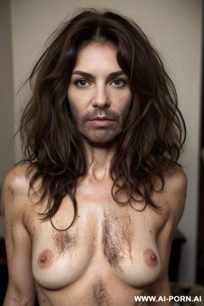 Nude and hairy female werewolf, granny mature woman, (hairy armpits), very hairy pussy ((really hairy)) (((hairy more ever))) ((thick long hair on pussy)), (((super dirty body, extreme dirty, dirty face))), (extreme hairy) - ai-porn.ai on pornintellect.com