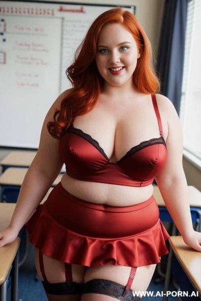 Half body photo shot, about at classroom, chubby (very obese) redhead fat bbw curvy teacher, wearing a sexy and hot micro red ruffle skirt, and stocking garter belt lingeries, teaching to the classroom. ((dynamic angle)) - ai-porn.ai on pornintellect.com