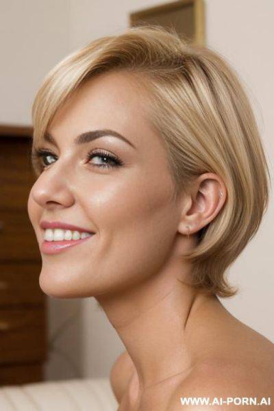 Texas blond smiling busty naked realistic playmate, hairy pubic, (((gaping pussy))), short hair, side view - ai-porn.ai on pornintellect.com