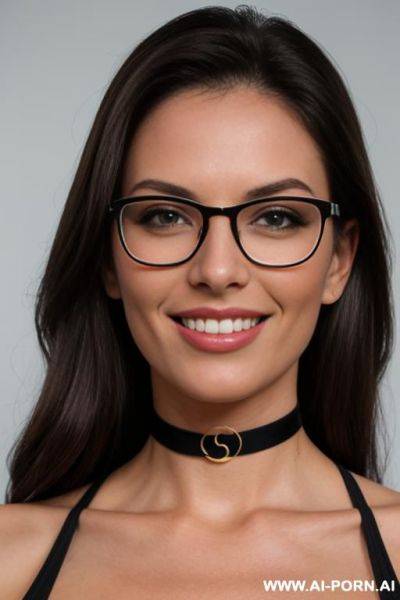 Tall, fit, gorgeous, brunette, glasses, narrow face, smiling, seductive, confident, teasing, choker, 30, eye contact, full body view, wide angle frontal view - ai-porn.ai on pornintellect.com