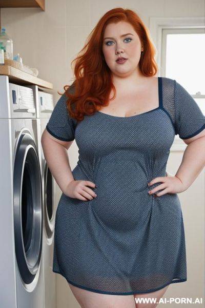 Half-length photo, ((half body photo shot close up)). as a set in the laundry area, a (((very obese))) fat chubby fat thick and bbw redhead british, ((she is washing clothes)). she has - ai-porn.ai - Britain on pornintellect.com
