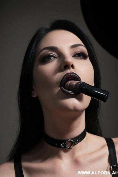 Goth, ((blowjob)), looking up, (from above), choker, masterpiece, eye contact, perfect, deepthroat, cumshot - ai-porn.ai on pornintellect.com