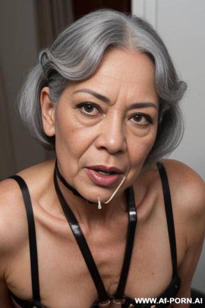 Beautiful topless asian granny squatting , completely naked, her mouth is wide ready to catch , black studded pet collar and leash around neck, looking up directly at the viewer, face and body very , cum all over her tits, - ai-porn.ai on pornintellect.com