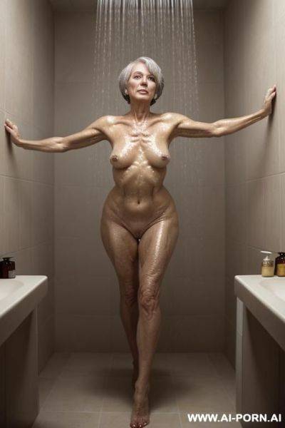 Older woman, full body, wrinkled skin, wrinkled skin, sexy granny, sun s on skin, wet short hair, showering, wet skin, soapy bubbles, wrinkles, water running down, - ai-porn.ai on pornintellect.com