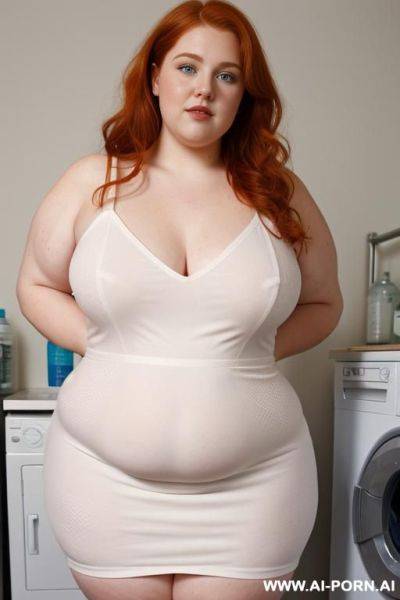 Half-length photo, ((half body photo shot close up)). as a set in the laundry area, a (((very obese))) fat chubby fat thick and bbw redhead british, ((she is washing clothes)). she has - ai-porn.ai - Britain on pornintellect.com