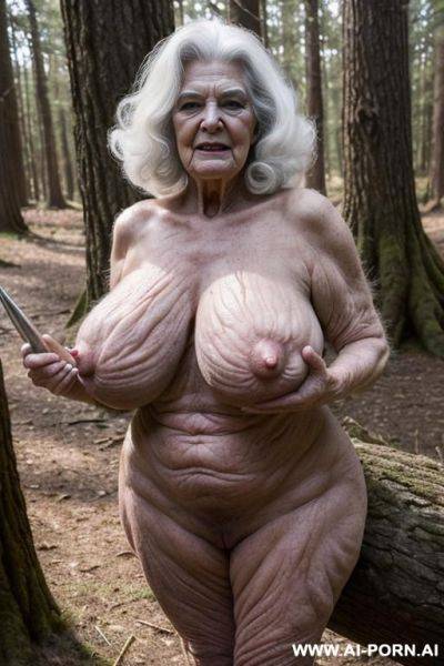 Two characters in the picture: a grandmother and male space monster. gigantic space monster (male monster) (non-humanoid type) (very impressive) ((looks terrible)) ((large monster with huge very - ai-porn.ai on pornintellect.com