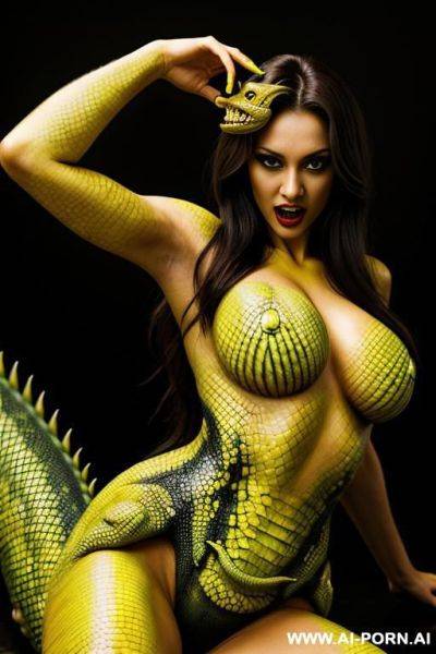Scales on body, big yellow eyes, fangs, reptile tail, breag fire - ai-porn.ai on pornintellect.com