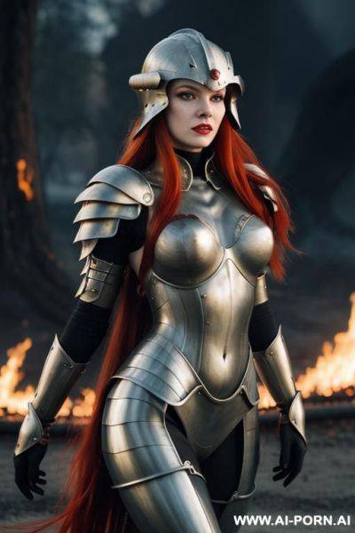 Scales on body, nude, claws, big yellow eyes, steel pauldrons, fangs, reptile tail, breag fire, red hair, long hair, super long hair, steel helmet - ai-porn.ai on pornintellect.com