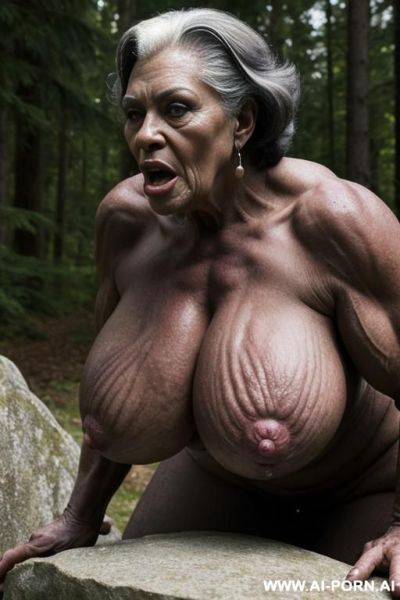 Night, dark, a lot of stars in the sky, beautiful grandma and monster on the image, huge male monster (realistic monster from the space) (muscular body monster) (surprisingly impressive) ((looks - ai-porn.ai on pornintellect.com