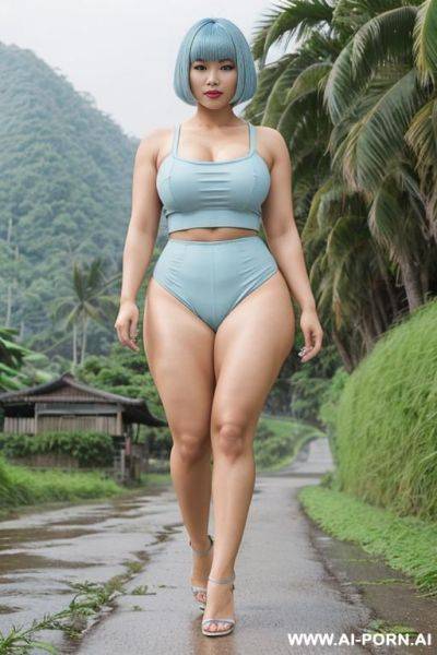 Bob with bangs haircut, light blue hair, beautiful atractive asian woman, huge bulked up thighs, gigantic thighs, strong legs, massive thighs, wide hips, running in footpath aming rice fields - ai-porn.ai on pornintellect.com