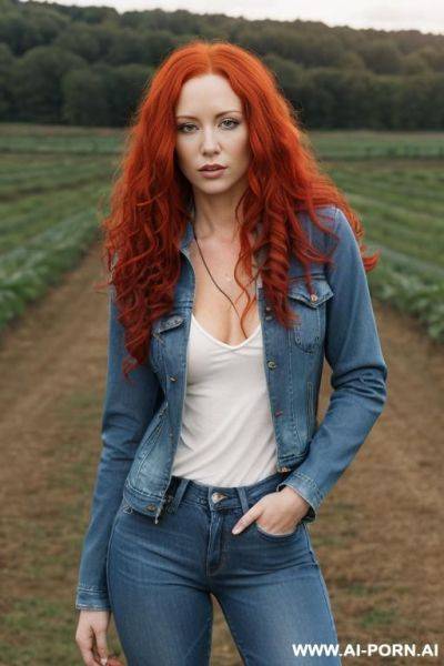Sexy in tight blue jeans, long curly red hair, face, short jacket, standing on a farm with plenty of older naked looking a her, - ai-porn.ai on pornintellect.com