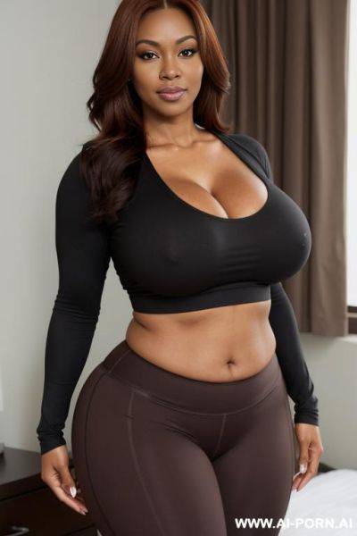 Sexy bimbo milf, aged milf, matured milf, thot, really dark black skin, deep dark black skin color, ultra thicc, bulked up thighs, tight shirt, extremely gigantic boobs, perfect eyes, long straight hair - ai-porn.ai on pornintellect.com