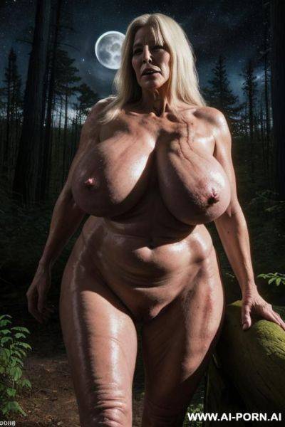 A huge space monster (surprisingly impressive) ((looks terrible)) ((huge dick)) ((fantastic looking cock)), very beautiful grandma (super realistic granny) wide hips and big round ass, space monster and granny hugging and kisses, full bodies vision - ai-porn.ai on pornintellect.com