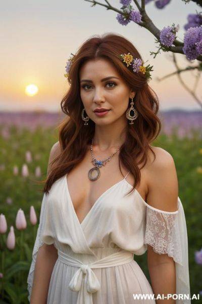 Mature, milf, perfect hourglass figure, eye contact, looking into camera, necklace, earrings, bracelets, wearing flowers, totally naked - ai-porn.ai on pornintellect.com