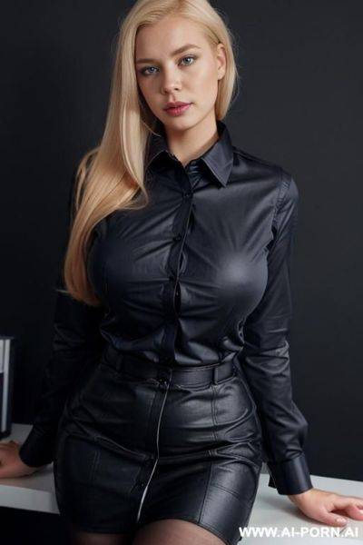 Coat, ((tight collared shirt)), black office skirt, ((beautiful secretary)) - ai-porn.ai on pornintellect.com