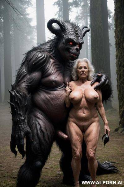 Two characters in the picture: a grandmother and male space monster (fictional image); night, very dark, almost pitch black (visibility extremely low), heavy rain; big space monster (male monster) - ai-porn.ai on pornintellect.com