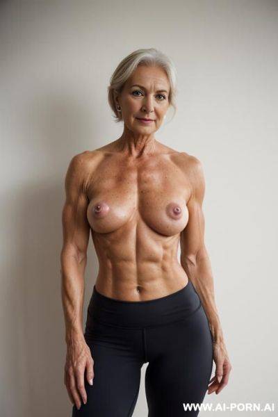 Matured old milf, wrinkles, wrinkled skin, aging marks, bulked up thighs, tight shorts, topless, topless, topless - ai-porn.ai on pornintellect.com
