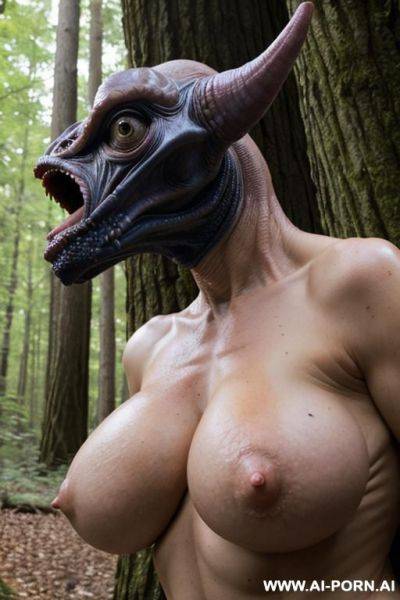 Two characters in the picture: suburban amateur wife and monster (extraterrestrial creature) (male) (fictional image); - ai-porn.ai on pornintellect.com