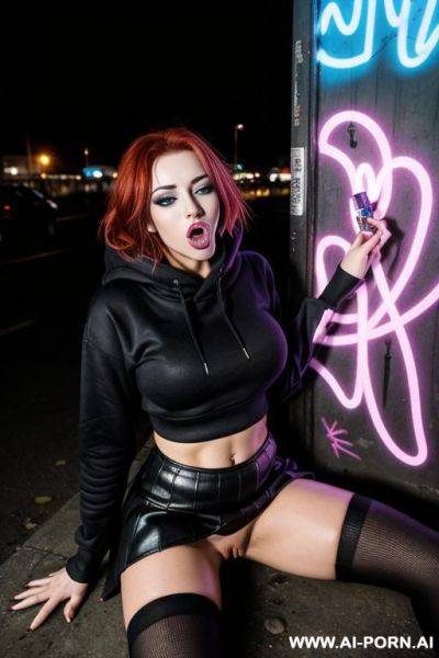 1 woman, 1male out of frame, 20 year old, two-toned hair, black and red hair, perky breasts, cleavage, pretty face, purple eyes, light s, oversized hoodie, black skirt, striped thigh-high socks, - ai-porn.ai on pornintellect.com