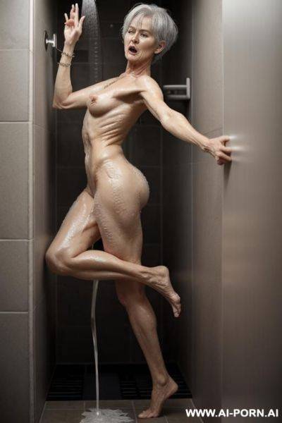 Older woman, full body, wrinkled skin, wrinkled skin, sexy granny, sun s on skin, short hair, showering, wet skin, soapy bubbles, giving the middle finger, - ai-porn.ai on pornintellect.com
