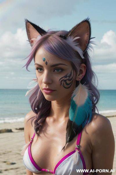 Face, sexy, beautiful, ((face painting)), ((bikini as seashell)), ((tattoo roses)), ((eyes shw)), ((angel wings)), ((rainbow hair)), ((long bu hair)), ((wind)), (( cat face)), (( cat ears)), (((feather - ai-porn.ai on pornintellect.com