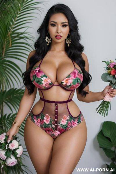 Flowers, round boobs, extremely pretty, full lips, button nose, eye contact, ahegao, big earrings, styled hair, tight waist, hourglass figure - ai-porn.ai on pornintellect.com