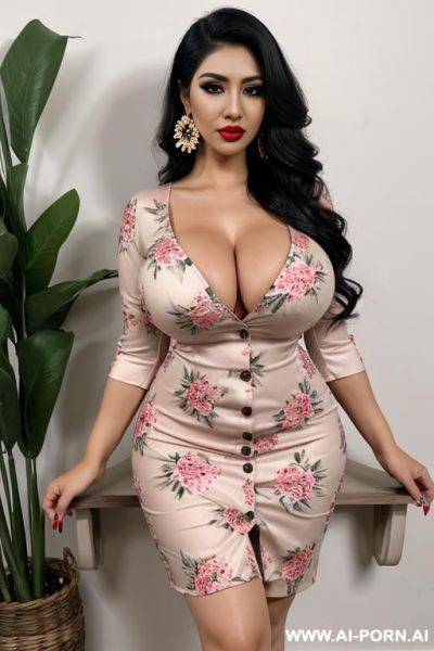 Floral dress, round boobs, extremely pretty, full lips, button nose, eye contact, ahegao, big earrings, styled hair, tight waist, hourglass figure - ai-porn.ai on pornintellect.com