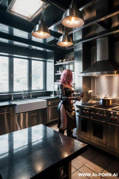Young woman with pink hair riding her dildo in bed - ai-porn.ai on pornintellect.com
