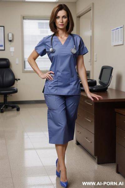 Beautiful face, perfect body, (((she is wearing realistic medical scrubs))) (completely dressed), strong arms, shapely legs, high heels, walking, strong body, skirt - ai-porn.ai on pornintellect.com