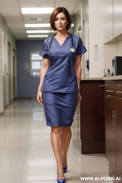 Beautiful face, perfect body, (((she is wearing realistic medical scrubs))) (completely dressed), strong arms, shapely legs, high heels, walking, massive body, skirt, tanned, wide hips - ai-porn.ai on pornintellect.com