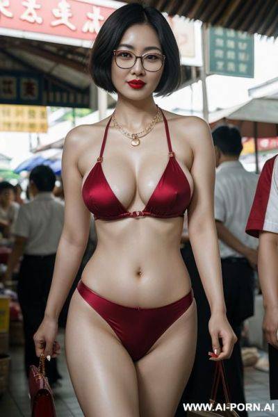 Chinese woman, short bob hair, wearing glasses, fair skin, red lips, big breasts, big butt, confident, plump, walking in a thai market, naked, deep-necked suit, cropped waist, exposed nipples, flashing breasts, flashing vagina, belt, necklace, thailand - ai-porn.ai - Thailand - China on pornintellect.com
