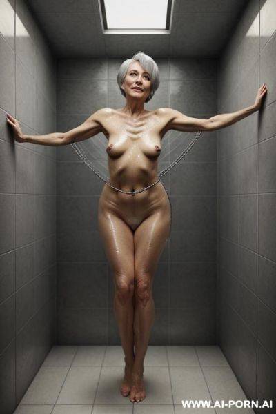 Old lady, wrinkled skin, winked face, curvy hips, waist, pixie cut, standing in the shower, covered in water, vey wrinkly skin, down, oil on her body - ai-porn.ai on pornintellect.com