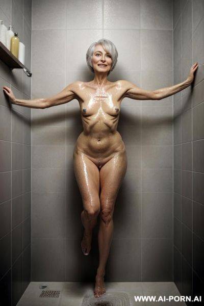 Old lady, wrinkled skin, winked face, curvy hips, waist, pixie cut, standing in the shower, covered in water, vey wrinkly skin, water on skin, soap on skin, water flowing down, - ai-porn.ai on pornintellect.com