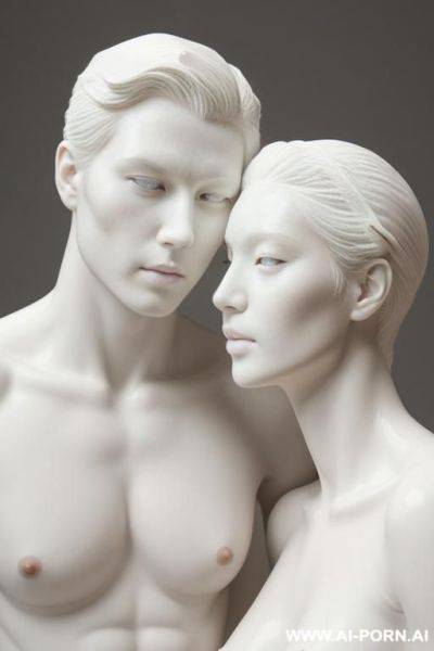 White color sculpture of a naked couple. realistic, very beautiful face. wull body wiew. - ai-porn.ai on pornintellect.com